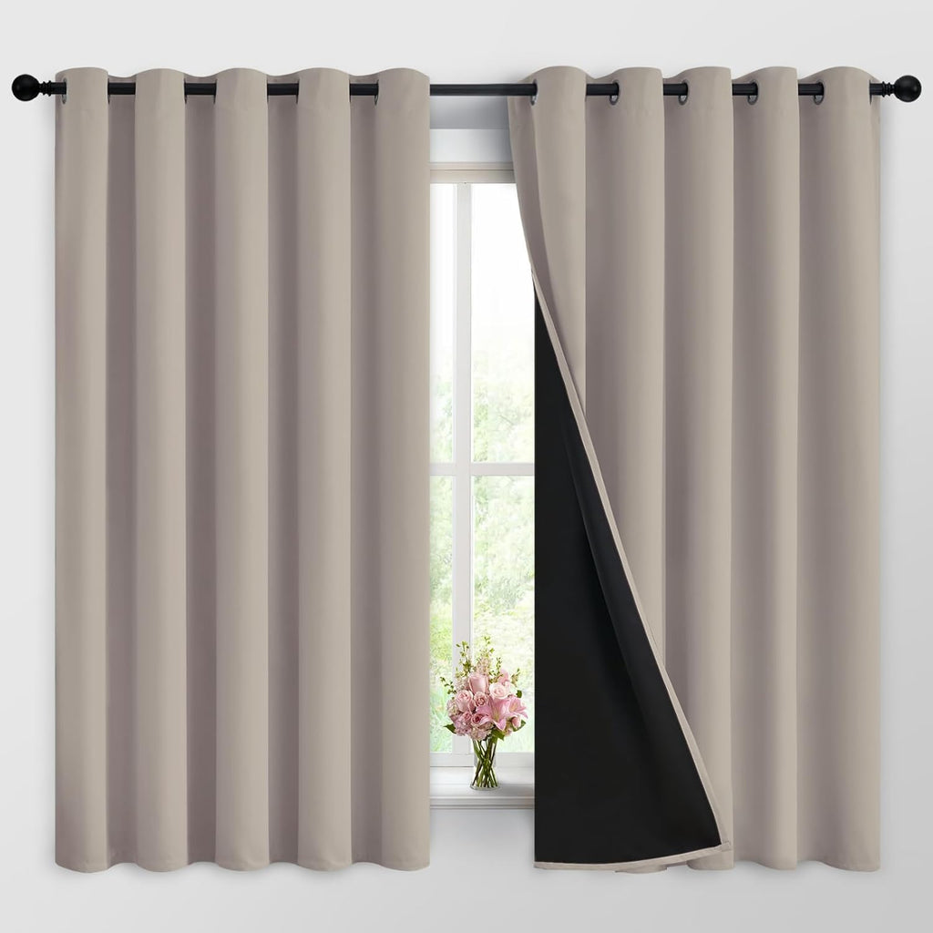 Yakamok 100% Blackout Curtains 63 Inches Long, 2 Thick Layers Heat and Full Light Blocking Soft Thermal Insulated Drapes for Bedroom(62" Wi…