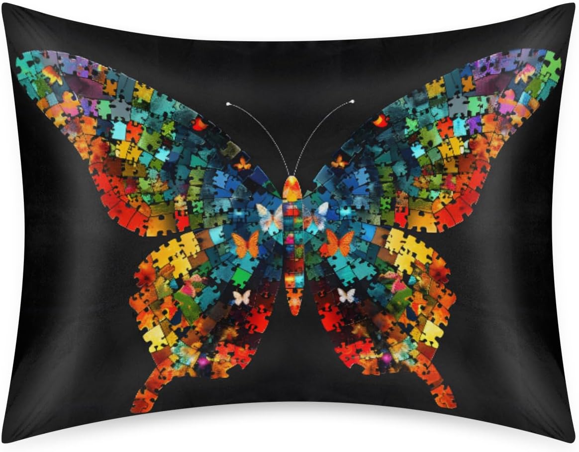Color Animal Butterfly Autism Satin Pillowcase for Hair and Skin Soft Silk Pillow Cases with Envelope Closure Cooling Pillow Case Slip…