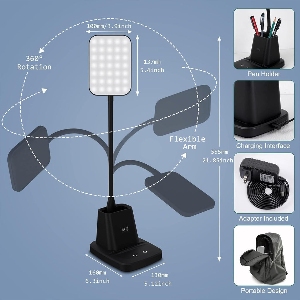 Desk Lamp, LED Desk Lamps for Home Office, Wireless Charger Small Desk Lamp with Pen Holder, 3 Color Modes, Dimmable, CRI 85, 800LM…