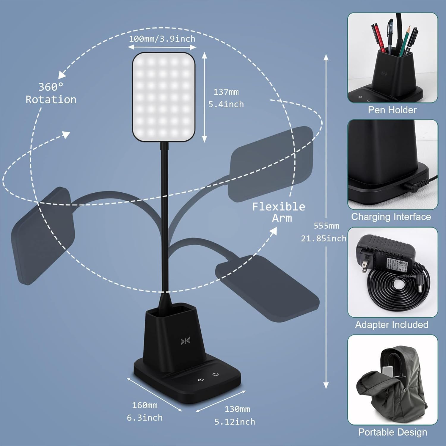 Desk Lamp, LED Desk Lamps for Home Office, Wireless Charger Small Desk Lamp with Pen Holder, 3 Color Modes, Dimmable, CRI 85, 800LM…