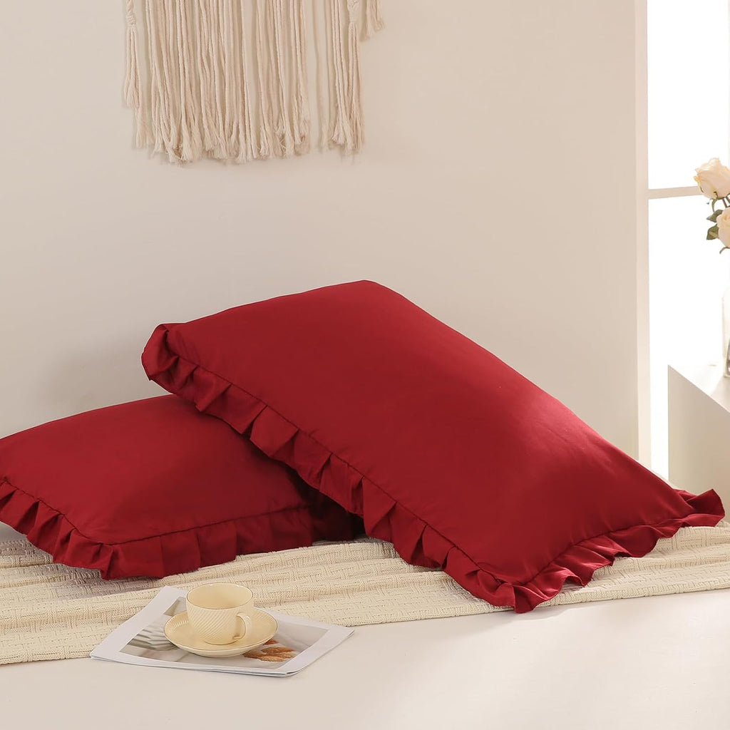 Merryword Burgundy Pillow Shams Standard Pillowcases 20x26inch Cute Ruffle Solid Pillow Cover Set of 2 Shabby Chic Soft Red Pillowcases Red