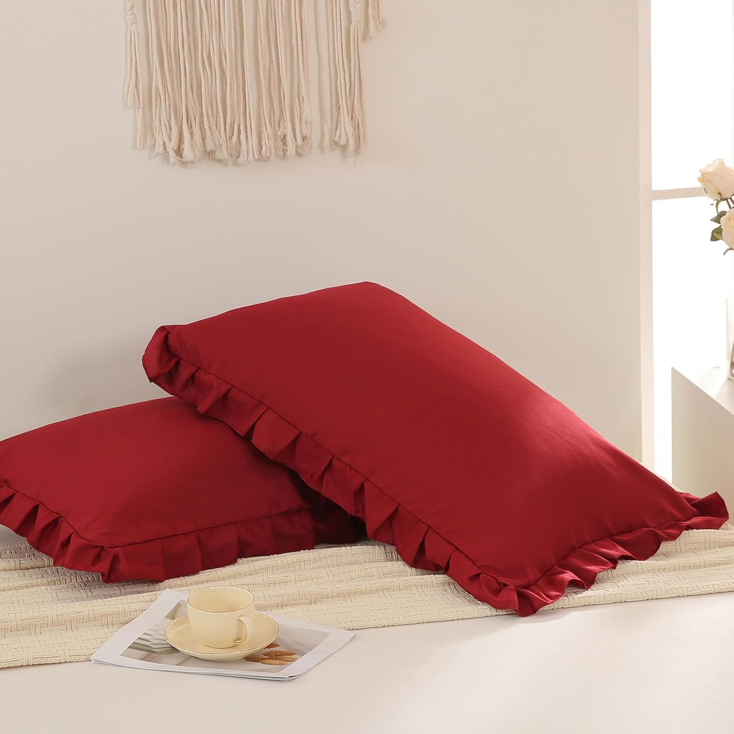 Merryword Burgundy Pillowcases King Pillowcases Ruffled Pillow Shams Set of 2 Cute Pillowcases Solid Ruffled Fringe Design Red Shabby Chic…
