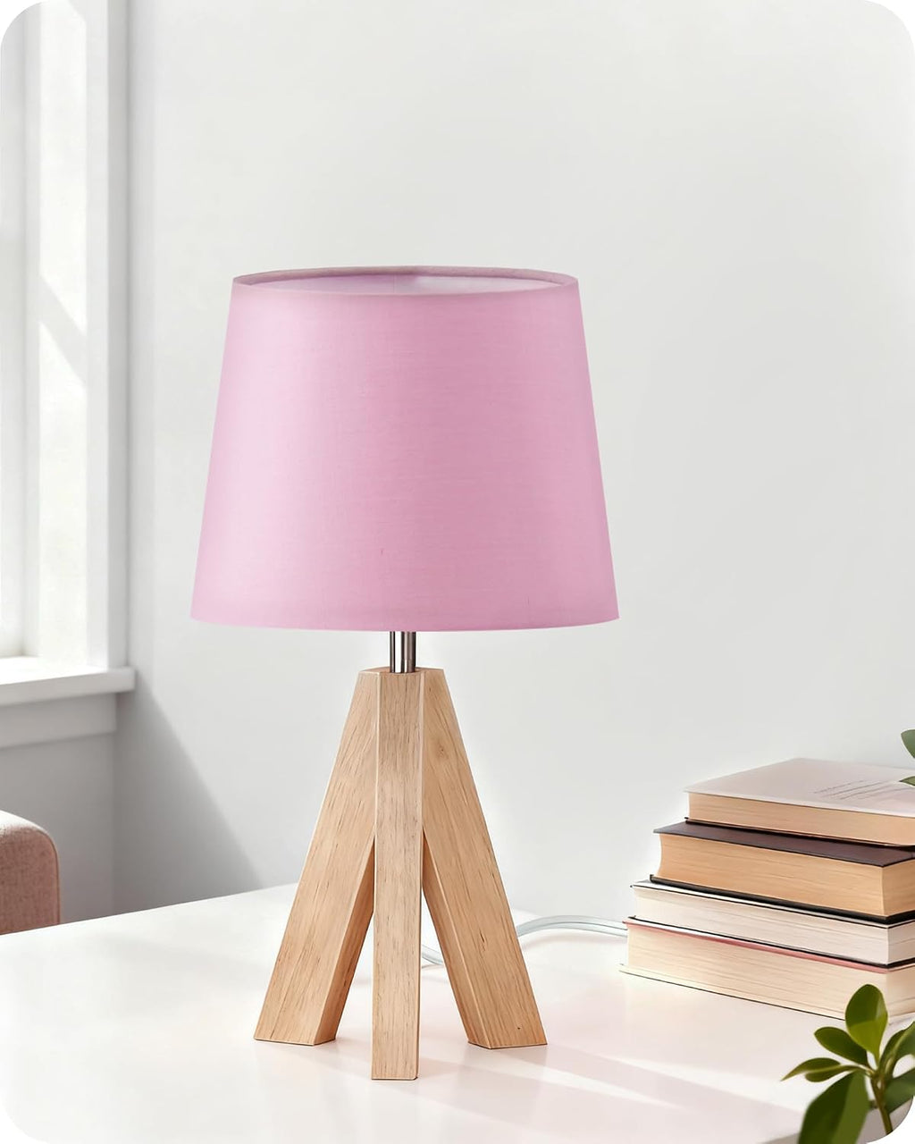 Pink Table Lamp, Small Tripod Table Lamp, Boho Bedside Lamp with Pink Linen Shade & Wood Base, Modern Nightstand Lamps, Little Cute Desk…