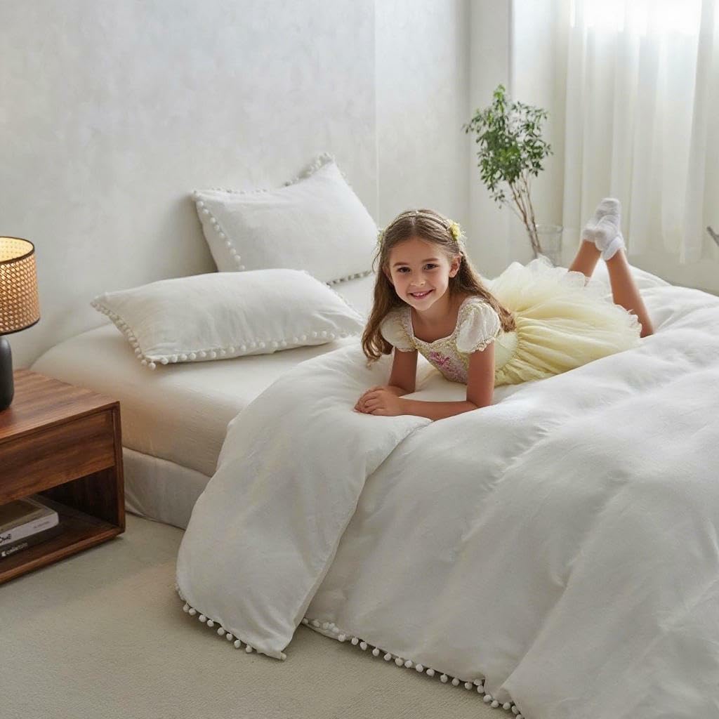 Simple&Opulence French Linen Blended Duvet Cover Queen, Flax Viscose Derived from Bamboo Bedding Set with Pom Pom Trim Soft Cooling for…