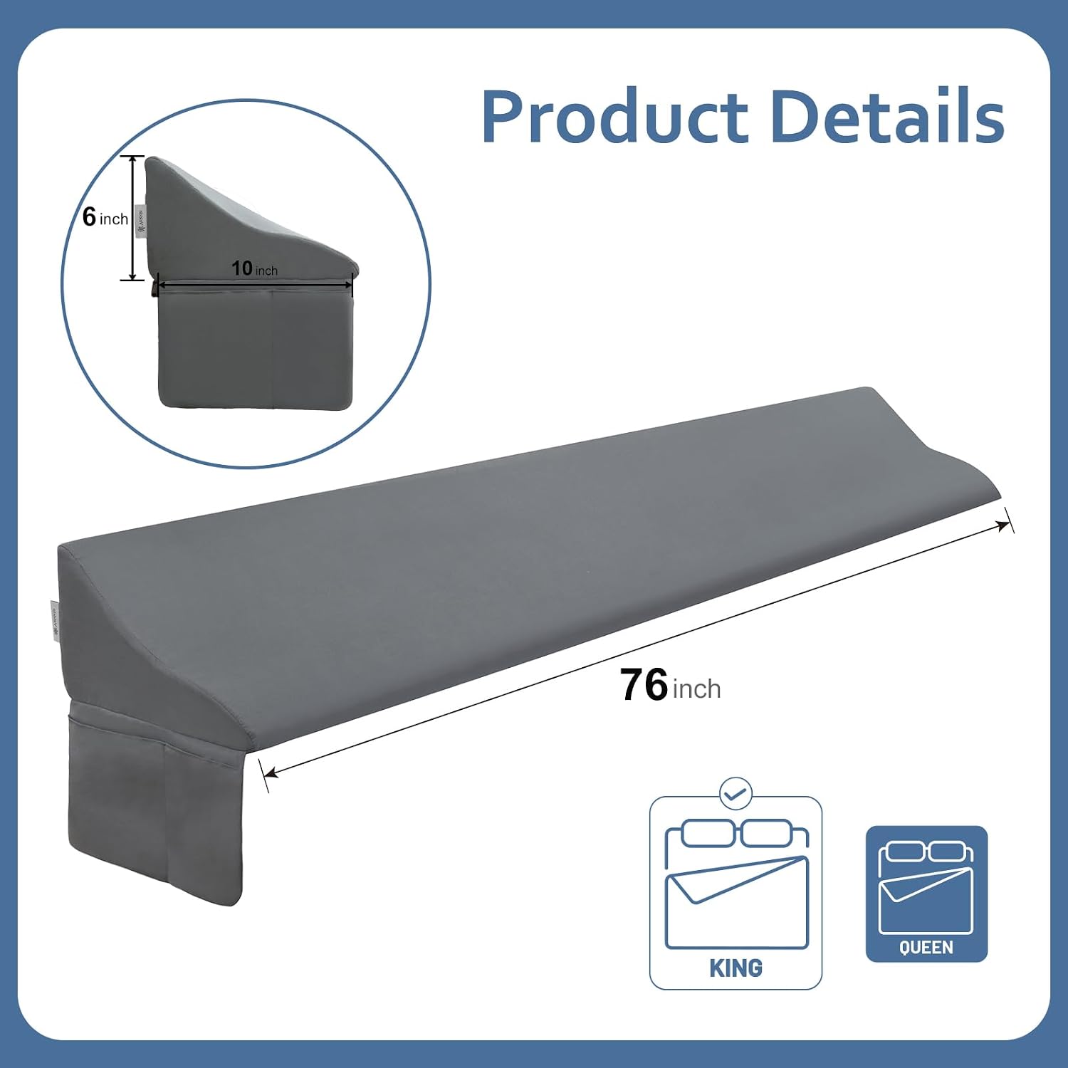 Vekkia King Bed Wedge Pillow for Headboard Gap – 0–6" Bed Gap Filler with Firm Foam Support & Extra-Large Pockets – Prevents Lost…