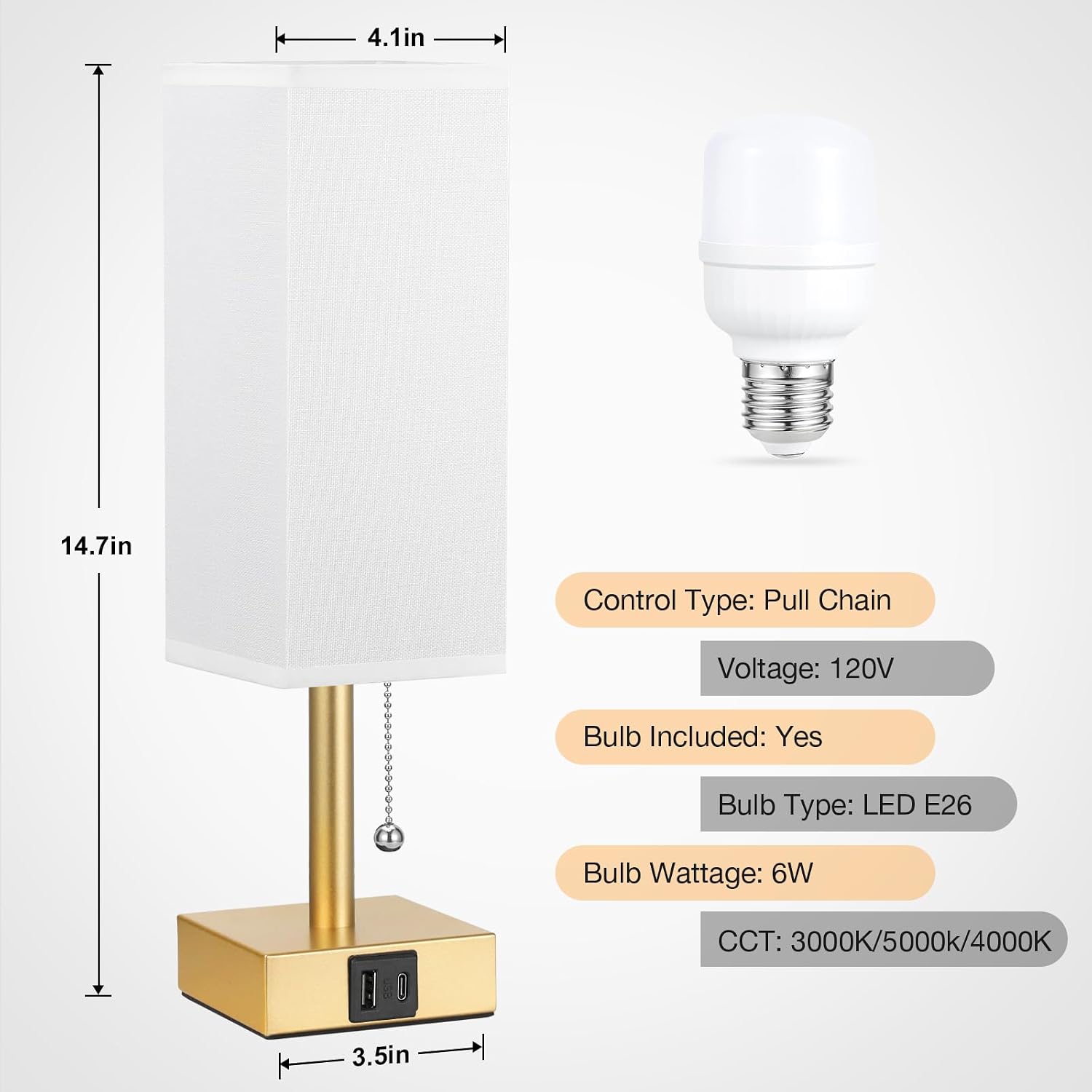 Aooshine White Small Table Lamp for Bedroom - 3 Color Temperature 3000K 5000K 4000K Bedside Lamp, Pull Chain Control, USB A and C Ports, Pu…
