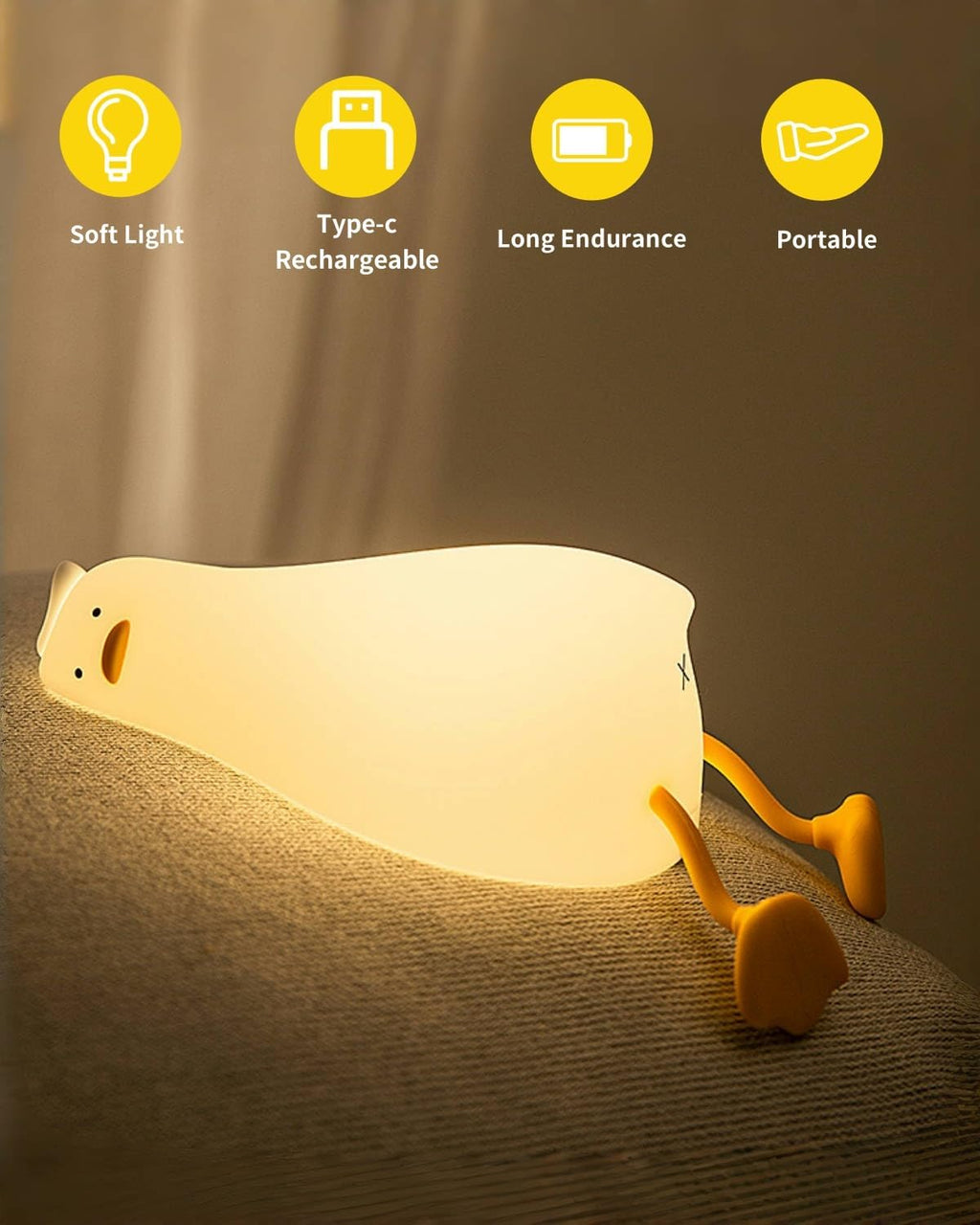 Lying Flat Duck Night Light, Squishy Duck Lamp with Tap Control, 30-Min Auto-Off Timer, Rechargeable Silicone Bedside Lamp for Kids…