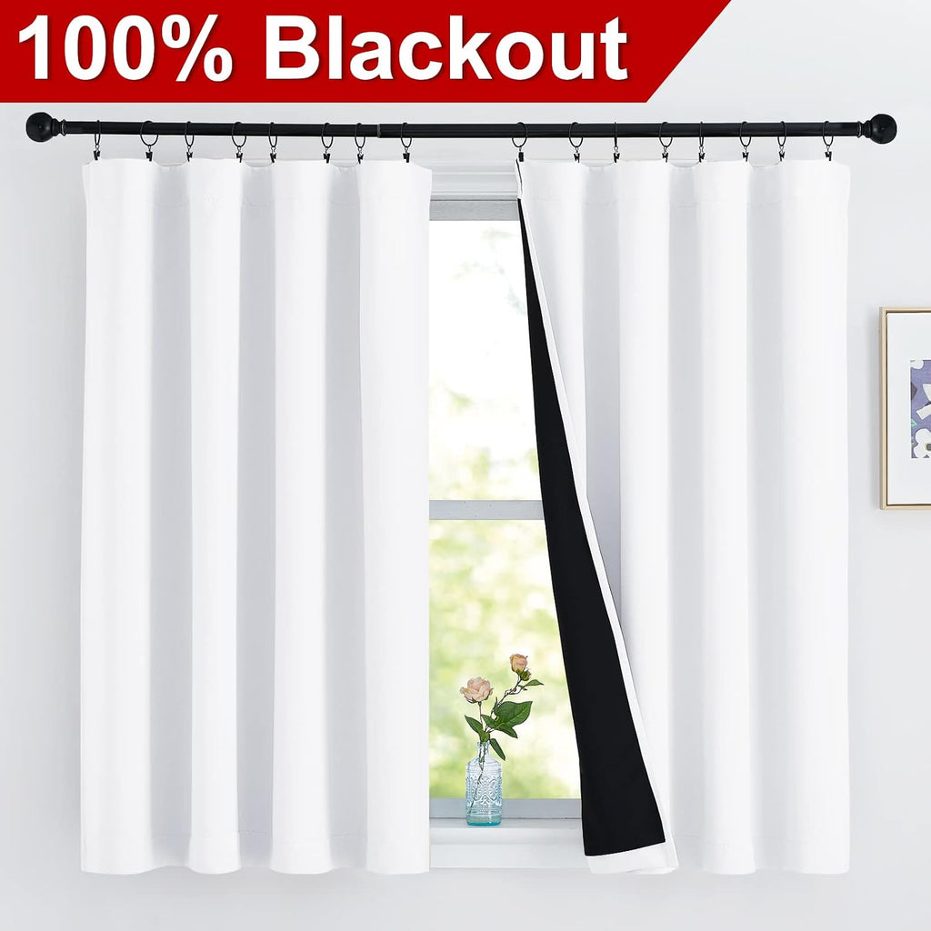 Nicetown White 100% Blackout Curtains 45 inches Long, Rod Pocket Basement Completely Blackout Window Treatment Thermal Insulated Lined Drap…