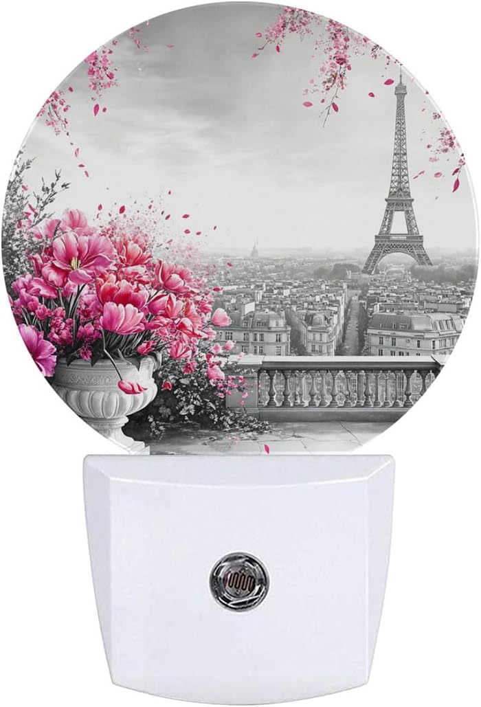 Paris Eiffel Tower Pink Flower Night Light Auto Sensor Led Dusk to Dawn Lamp Home Decor for Men Women