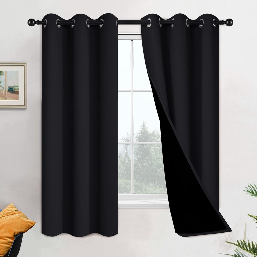 Yakamok 100% Blackout Lined Pair Curtains for Bedroom, Window Treatment Thermal Insulated Noise Blocking Drapes for Living Room(42Wx63L, Bla…