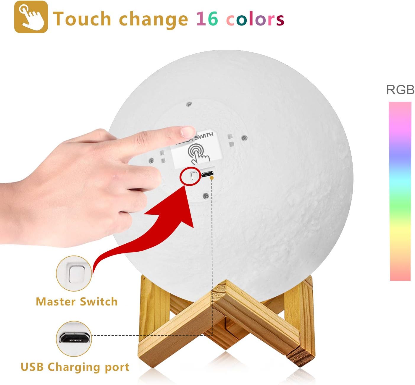 LOGROTATE Moon Lamp 16 Colors, Dimmable, Rechargeable Lunar Night Light (5.9 inch) Full Set with Wooden Stand, Remote & Touch Control…