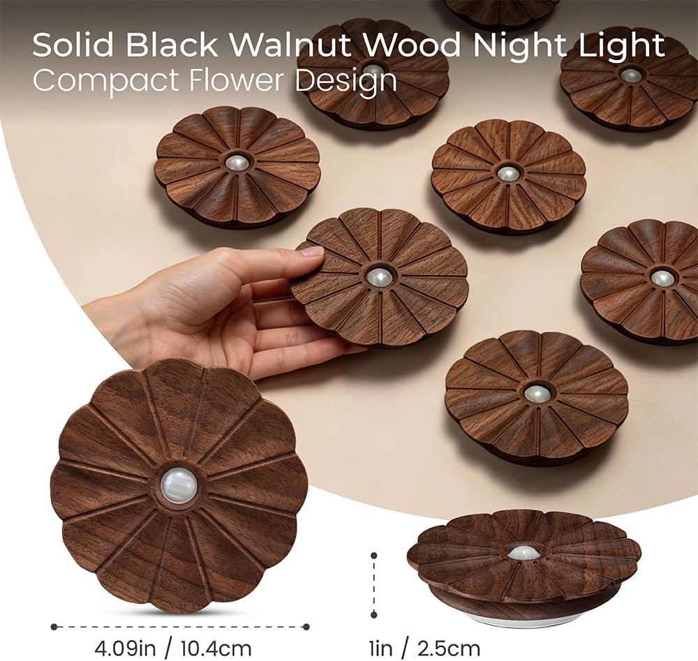Motion Sensor Night Light Wooden Carved Flower USB Rechargeable Stick-On Step Lights Magnetic Mini Wall Lights for Hallway Bedroom Living…