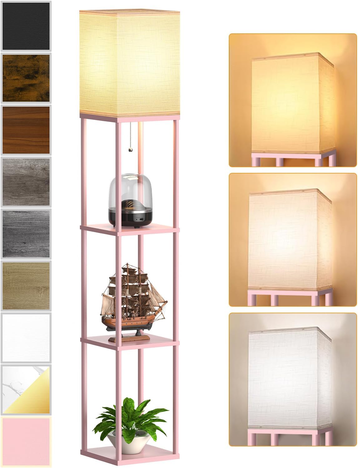 Pink Floor Lamp with Shelves for Living Room, Shelf Floor Lamp with 3 CCT LED Bulb, Corner Display Standing Column Lamp Etagere Organizer…