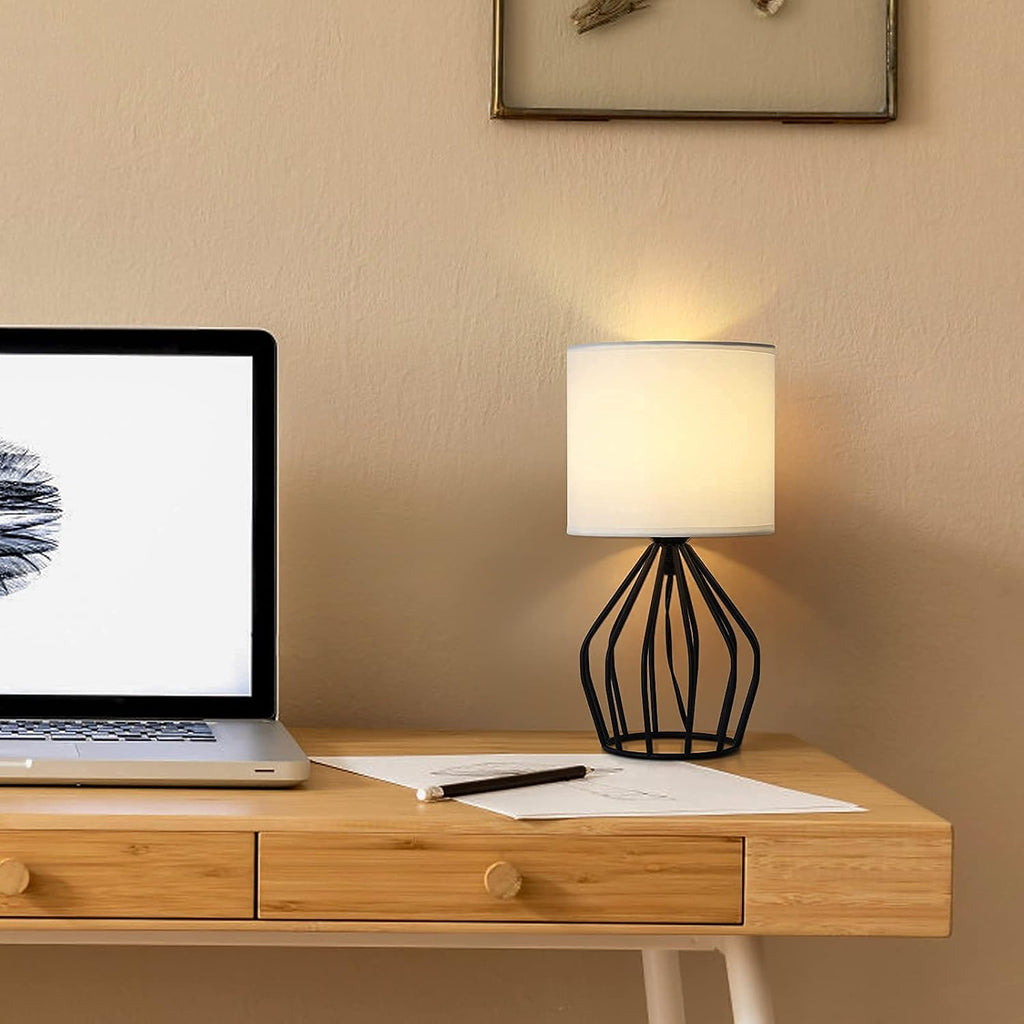 HAITRAL Modern Bedside Table Lamp - Minimalist Small Lamp with Hollowed Out Base Linen Fabric Shade, Metal Nightstand Lamp for Bedroom…
