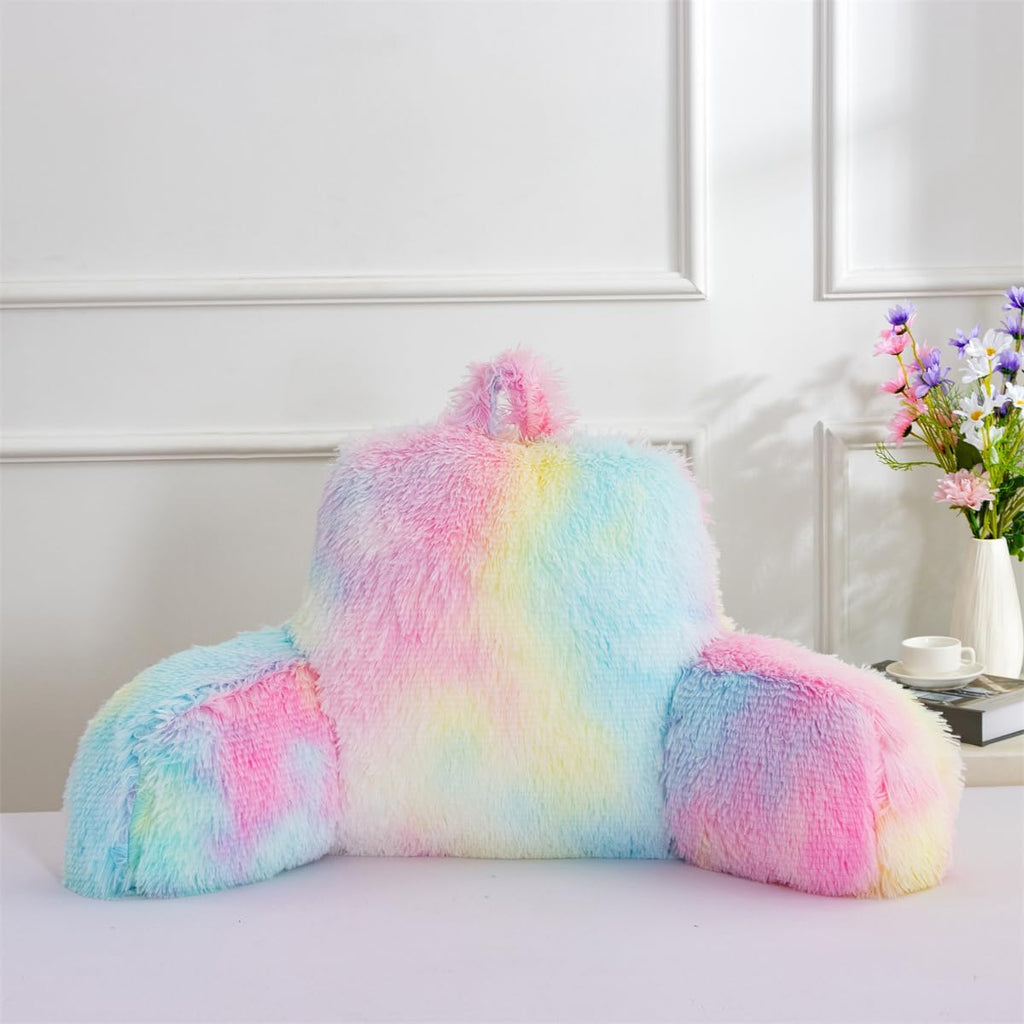 Holawakaka Shaggy Reading Pillow for Bed and Sofa Couch Sitting Up, Tie Dye Backrest Pillows with Arms for Kids Teens Adults, Back Support…