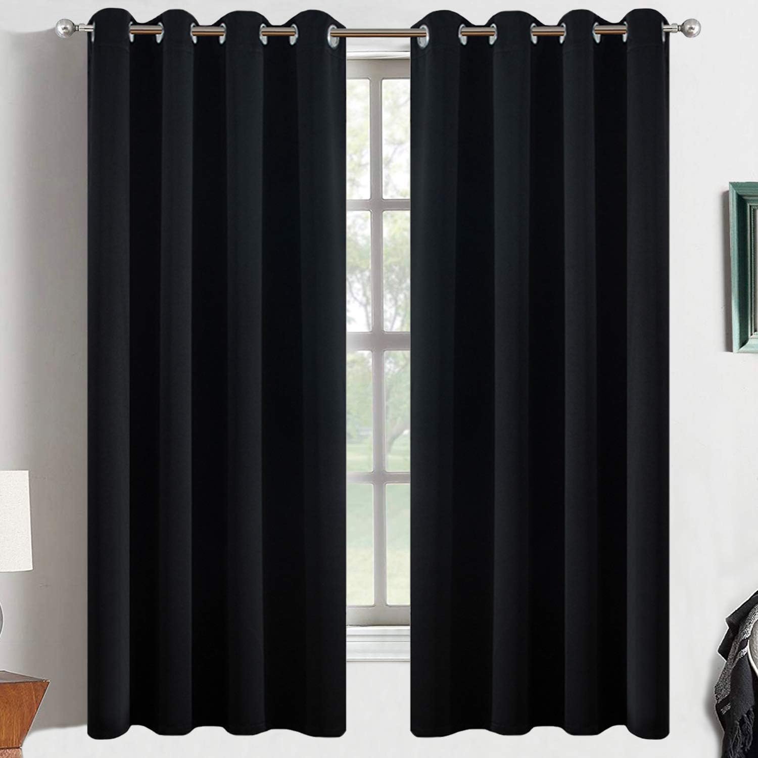 Yakamok Black Out Curtains 63 Inch Length for Bedroom-Black Thermal Insulated Drapes with Grommets Top Window Treament Curtain for Living…