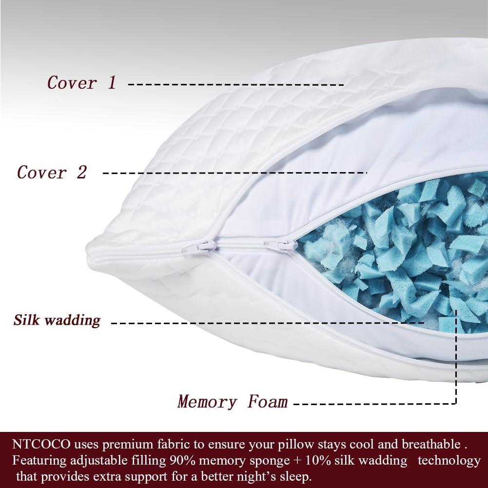 NTCOCO Shredded Memory Foam Bed Pillows for Sleeping Standard Size Set of 2, with Washable Removable Hypoallergenic Sleep Pillow for Back…