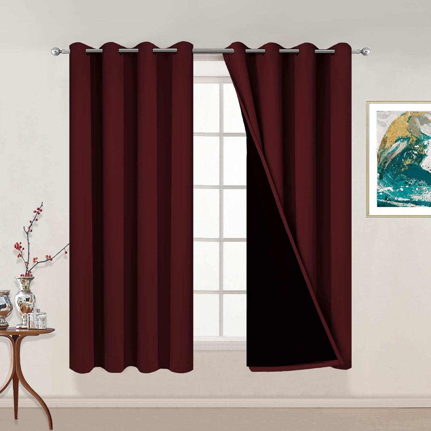 Yakamok Thermal Insulated 100% Blackout Curtains for Bedroom, Heat Blocking Drapes for Living Room(52Wx54L, Burgundy Red, 2 Panels) 1.6 inc…