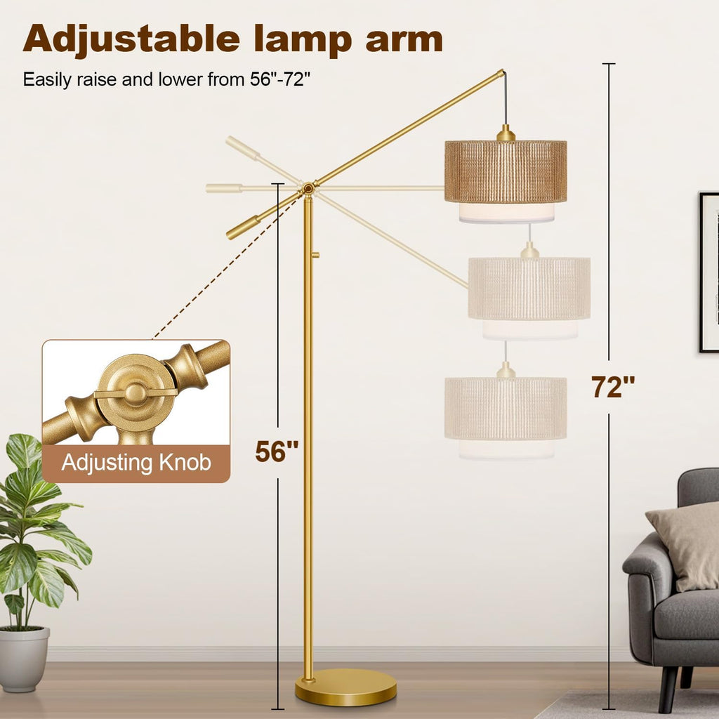 Upgraded】Arc Floor Lamp for Living Room, Boho Dimmable Swing Arm Floor Lamp with Rattan & Fabric Shades, Gold Rattan Standing Lamp with…