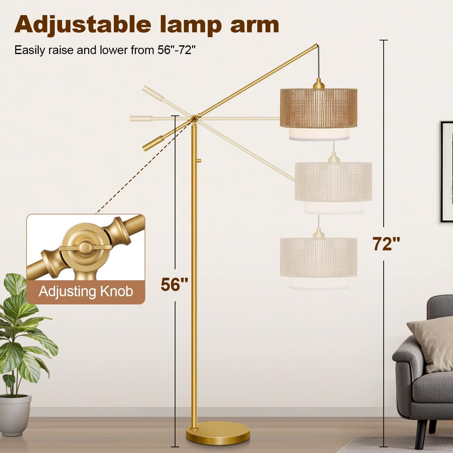 Upgraded】Arc Floor Lamp for Living Room, Boho Dimmable Swing Arm Floor Lamp with Rattan & Fabric Shades, Gold Rattan Standing Lamp with…