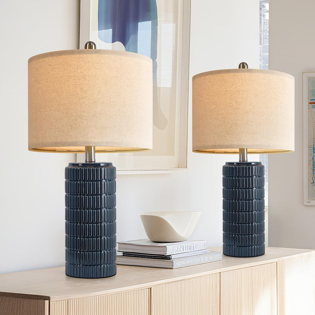 PoKat 24" Modern Ceramic Table Lamps Set of 2 for Bedroom, Blue Bedside Lamps for Night Stands, Farmhouse Desk Decor Nightstand Table…