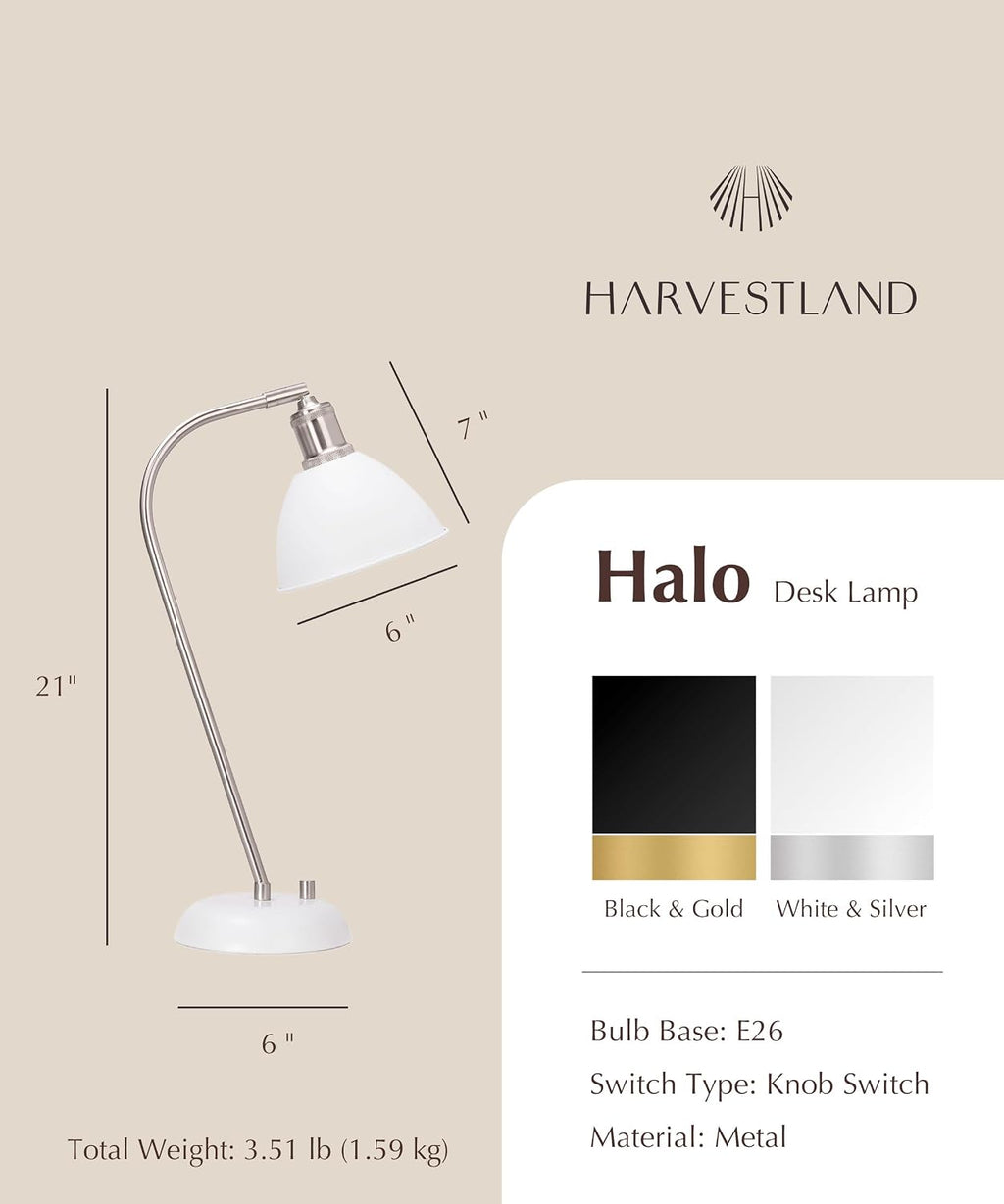 Harvestland Halo Silver White Adjustable Desk Lamp – Pharmacy Style Table Lamp, Metal Reading Lamp with Solid Base, Industrial Desk Lamps f…