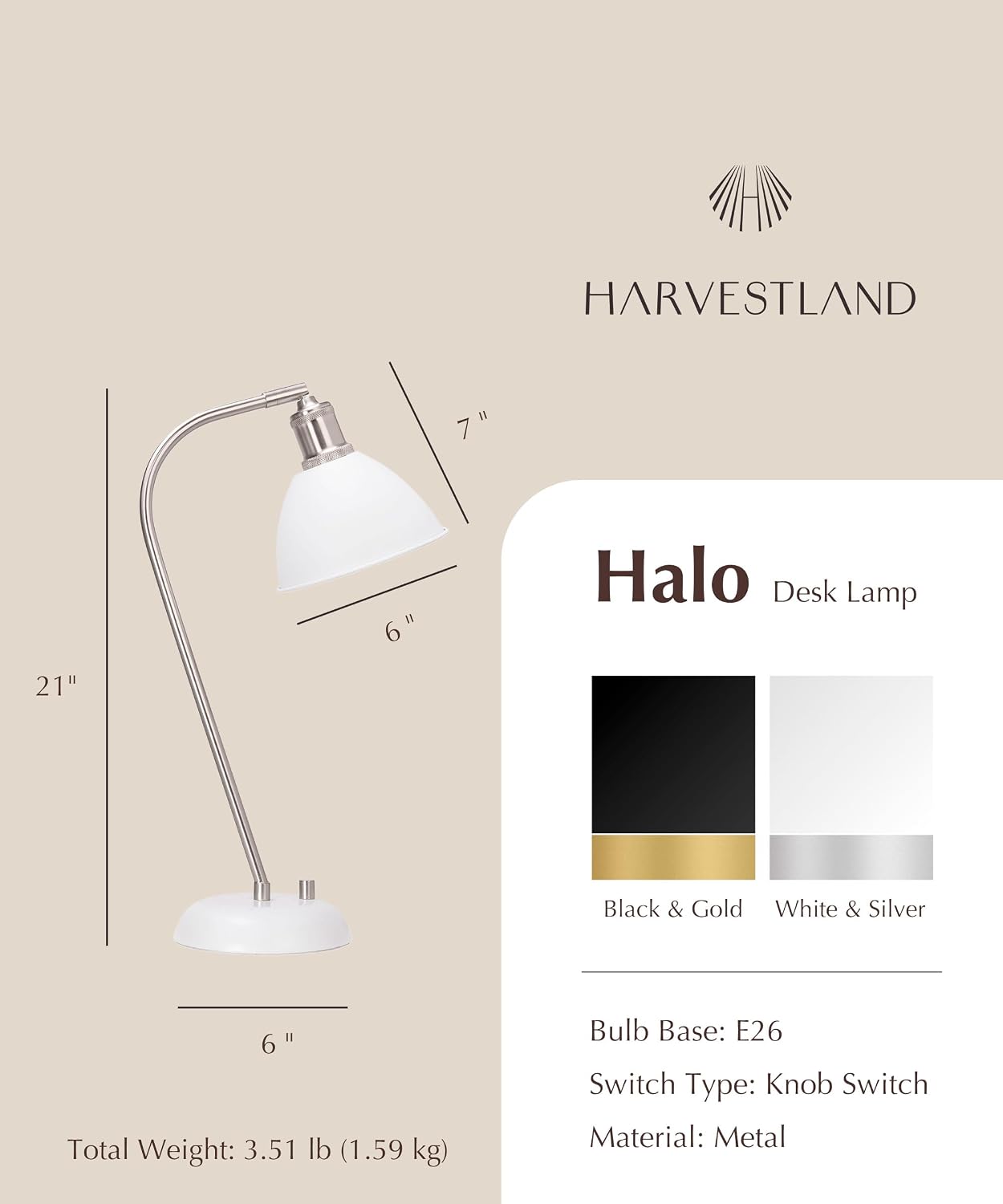 Harvestland Halo Silver White Adjustable Desk Lamp – Pharmacy Style Table Lamp, Metal Reading Lamp with Solid Base, Industrial Desk Lamps f…