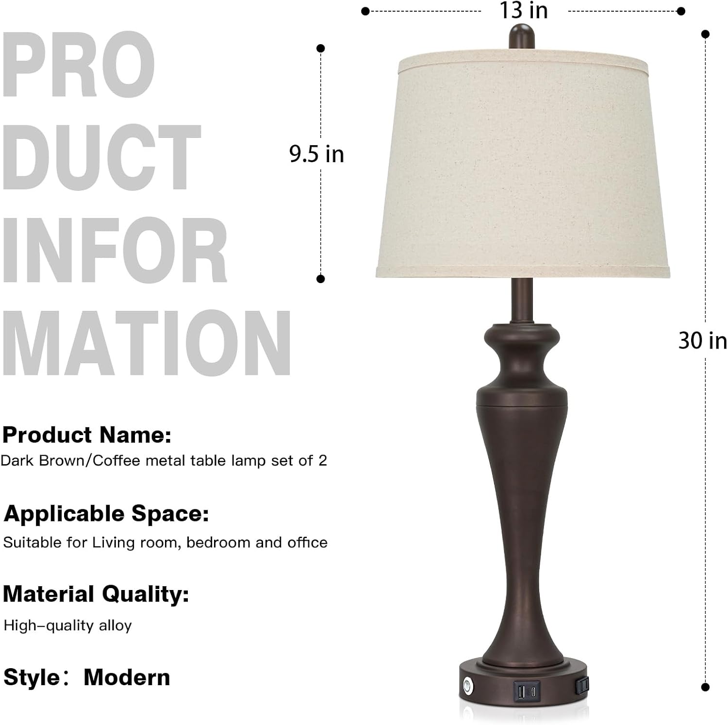 Ruzectt 30" Dark Brown Table Lamp Single, 3-Way Touch Control Bedside Lamp with USB A+C Ports and AC Outlet, Tall Living Room Lamps for…