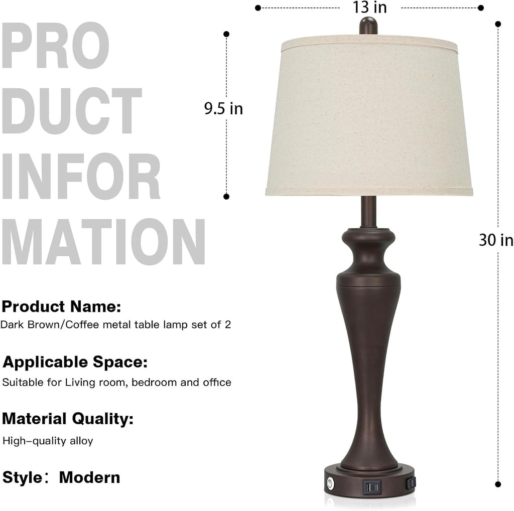 Ruzectt 30 Inch Brown Table Lamps Set of 2, 3-Way Touch Control Bedside Lamp with USB A+C Ports and AC Outlet, Tall Living Room Lamps for…
