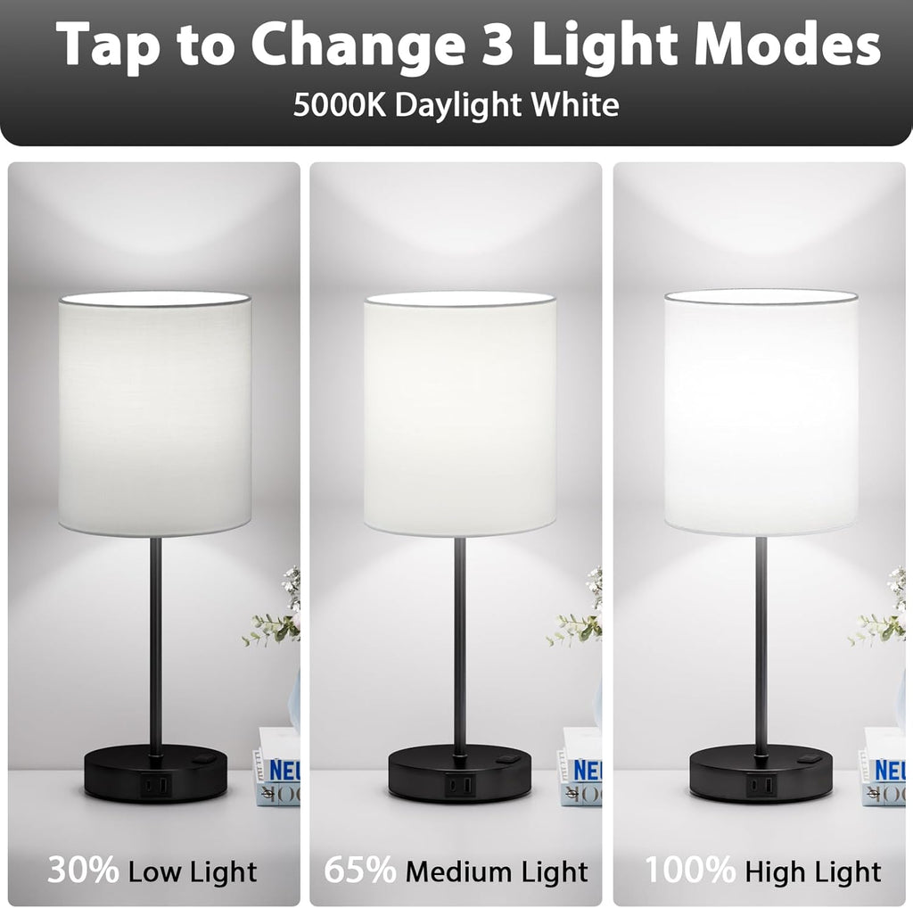 Fenmzeelighting White and Black Lamps for Nightstand Set of 2 - Bedside Table Lamp for Bedroom with Dual USB Ports & AC Outlet, 3-Way Dimma…
