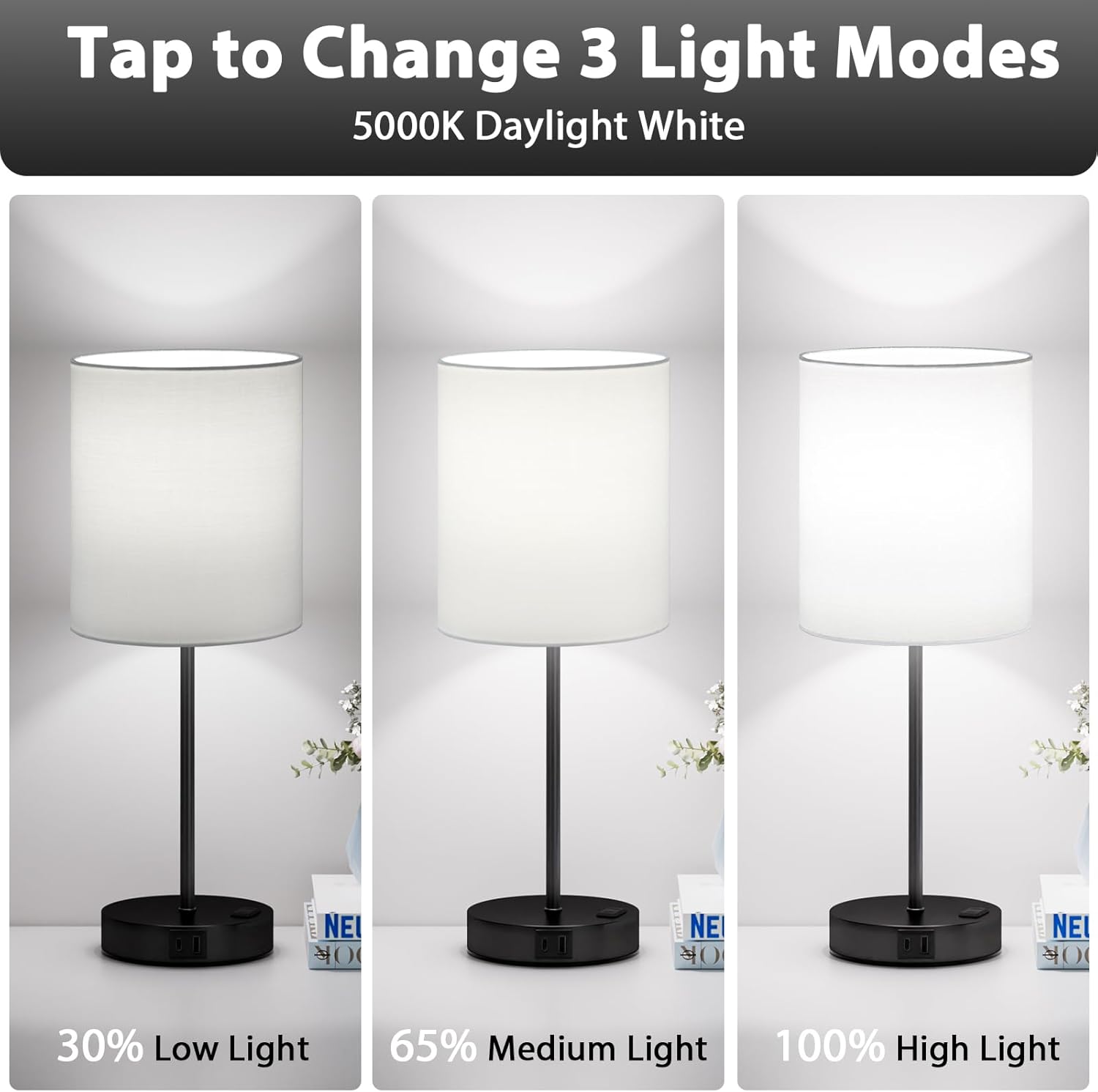 Fenmzeelighting White and Black Lamps for Nightstand Set of 2 - Bedside Table Lamp for Bedroom with Dual USB Ports & AC Outlet, 3-Way Dimma…
