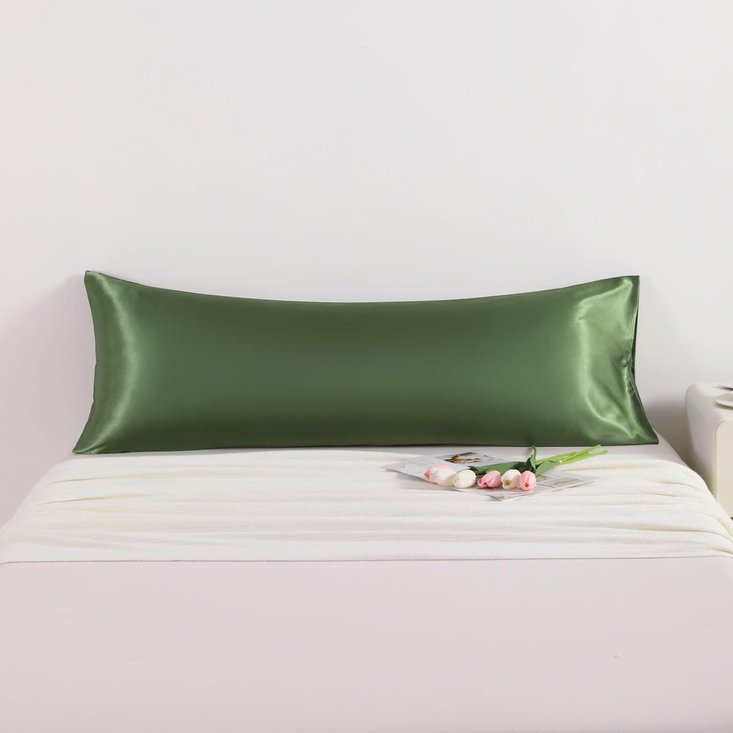 Ntbay Satin Body Pillowcase for Hair and Skin, Luxurious and Silky Pillow case with Envelope Closure, 20x54 Inches, Olive Green 54 Inches G…