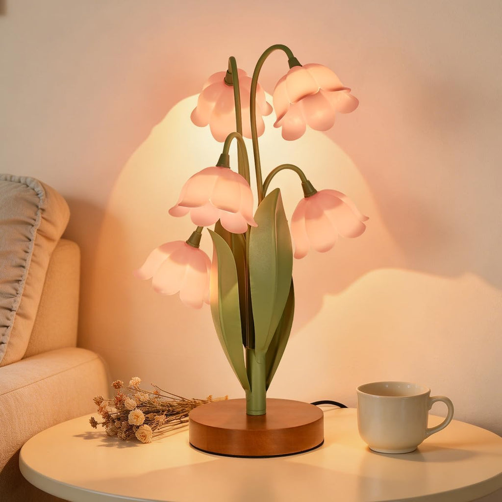 Flower Table Lamp for Bedroom, Cute Reading Light with 5 Pink Tulip Flower of The Valley, Desk Lamp Bedside Lamps for Nightstands Home…