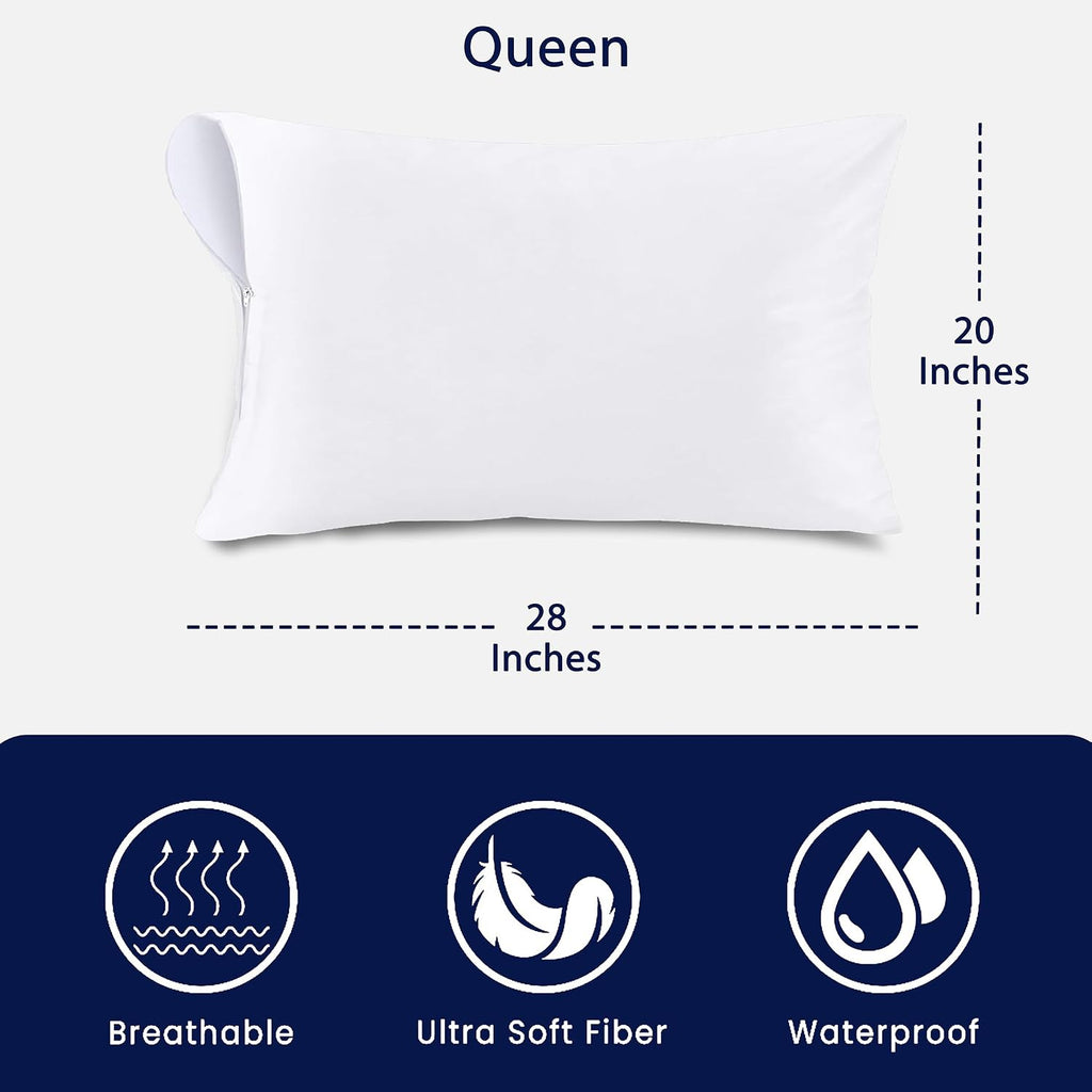 QATAN Waterproof Queen Pillow Protectors Set of 2 – Soft Microfiber Zippered Pillow Case Protector, Noiseless Breathable TPU Backed…