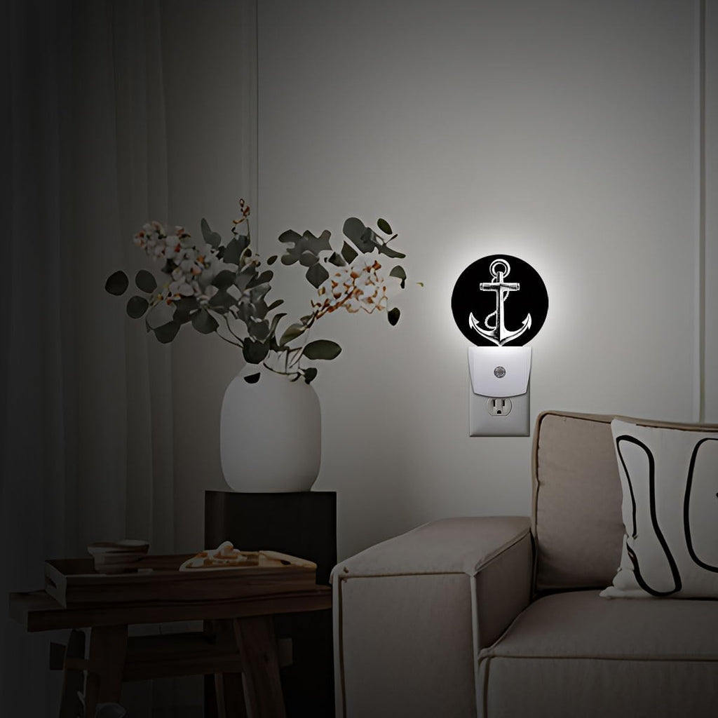 Nautical Anchor Black Night Light Plug Into Wall Auto Led Sleep Round Lamp for Living Room Hallway Stairs