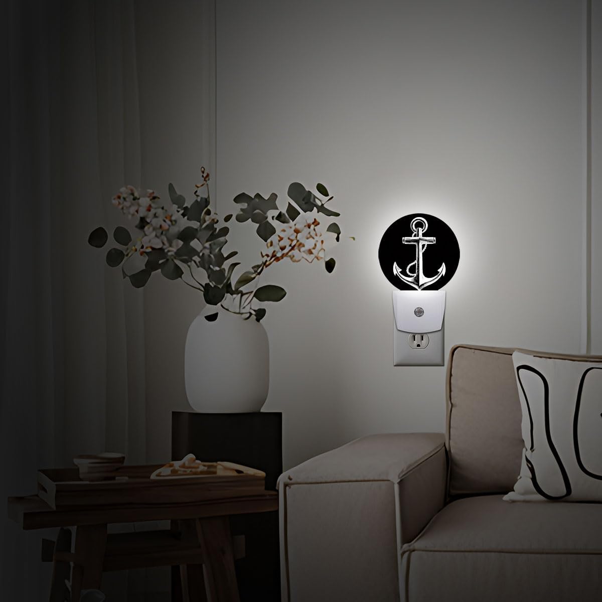 Nautical Anchor Black Night Light Plug Into Wall Auto Led Sleep Round Lamp for Living Room Hallway Stairs