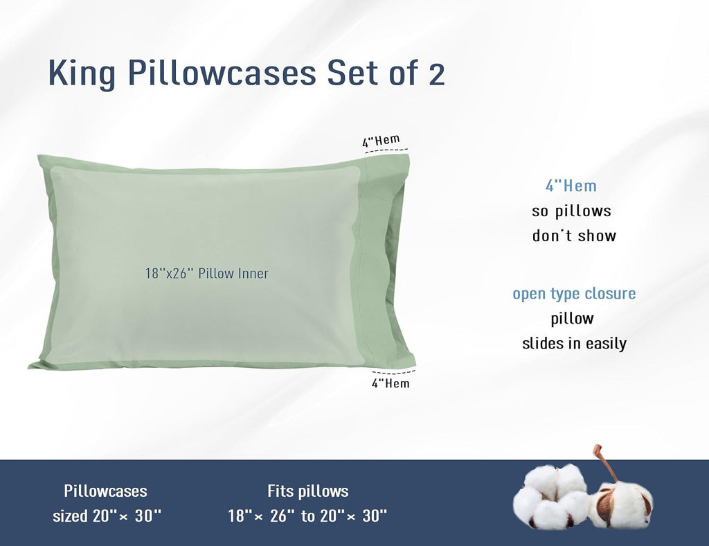 Homtec Pillow Cases, King Size Cotton Percale Weave Pillowcases, Pre-Shrunk Breathable and Hypoallergenic Pillowcases, Set of 2 (2 Piece Ki…