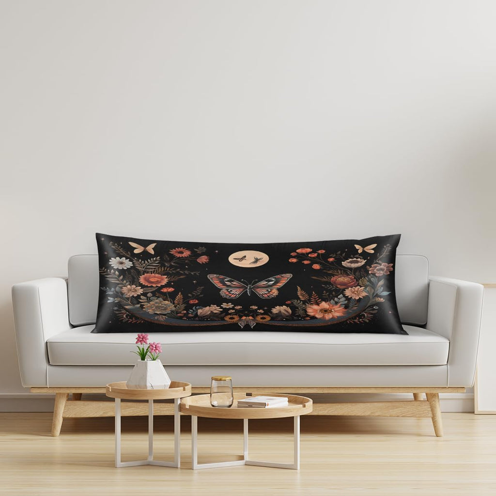 Butterfly Floral Moon Print Body Pillow Covers Decorative Soft Bedding Satin Pillowcase with Zipper Closure Cooling Breathable Long…