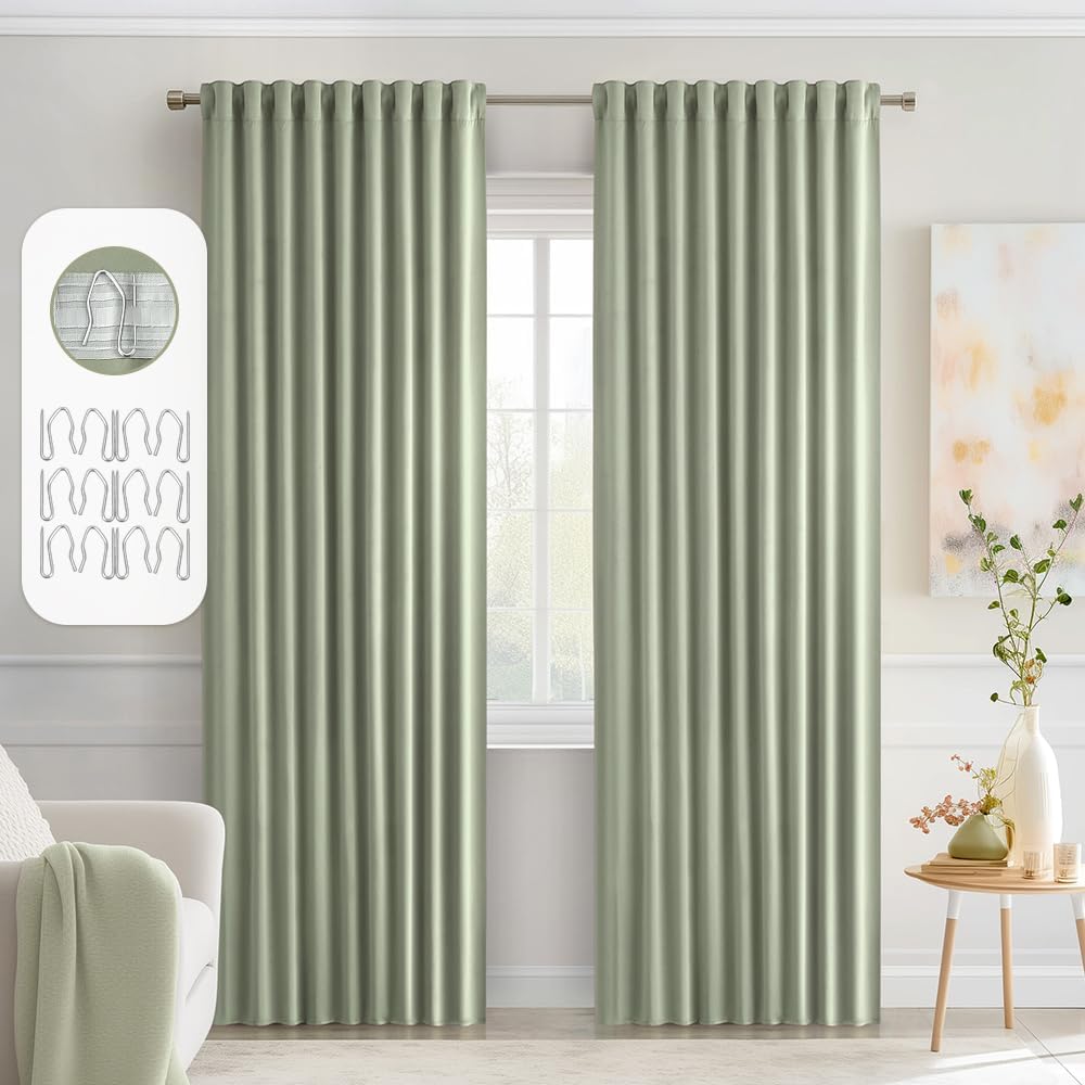 Miulee Sage Green Back Tab Blackout Curtains 72 Inch Length 2 Panels Set for Living Room Bedroom Privacy, Rod Pocket/Pinch Pleat Thermal In…