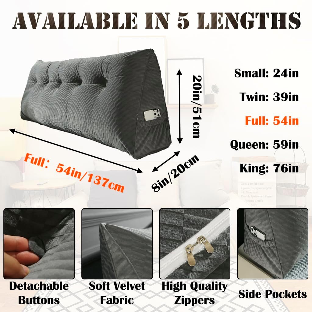 KCTVUIWS Triangular Headboard Pillow with Removable Cover & Side Pockets, Full Bed Wedge Pillow for Headboard, Daybed Sitting Backre…