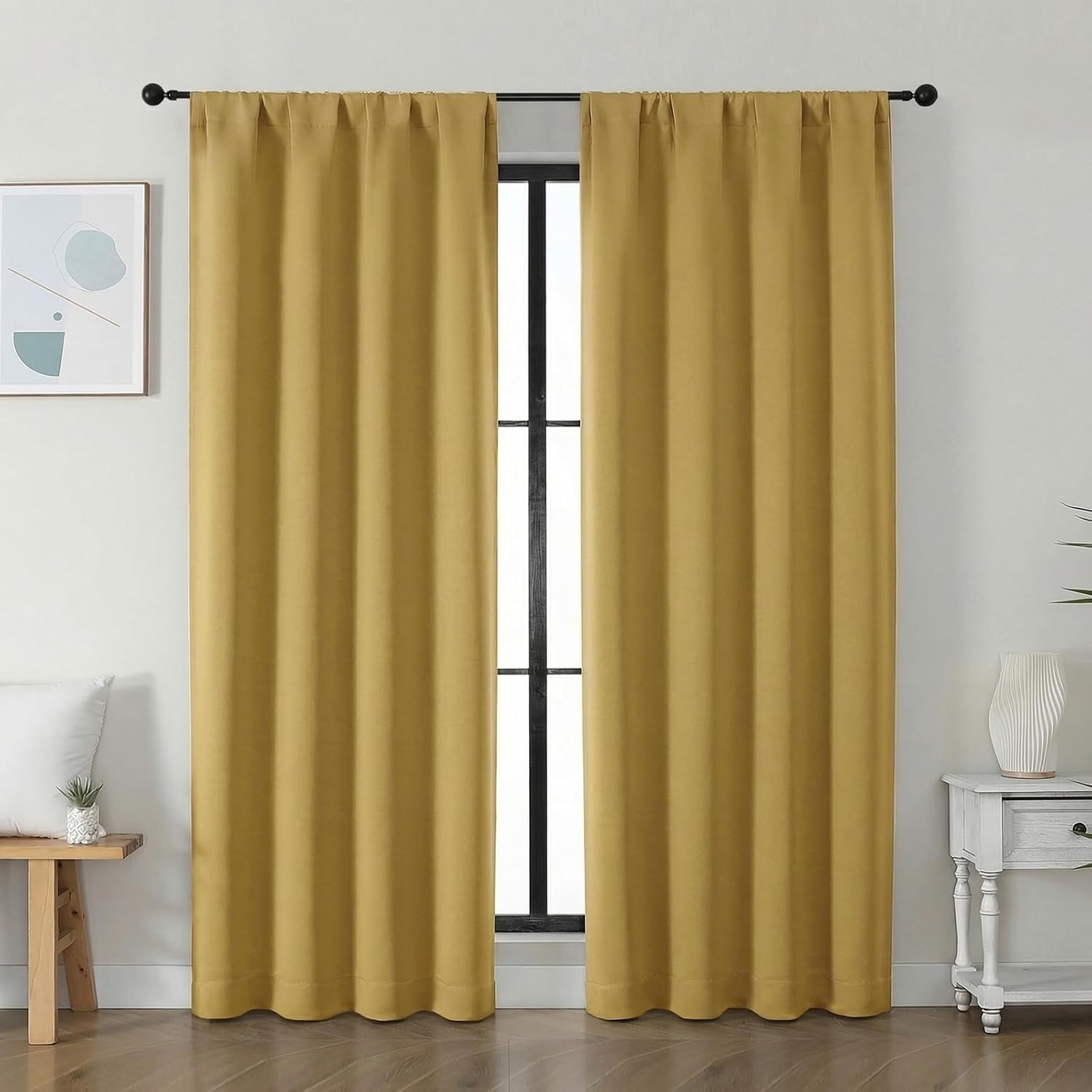 Simplebrand Ava Bright Gold Blackout Curtains for Bedroom 72 Inch Length 2 Panels Set, Privacy Thermal Insulated Rod Pocket Door Window Cur…