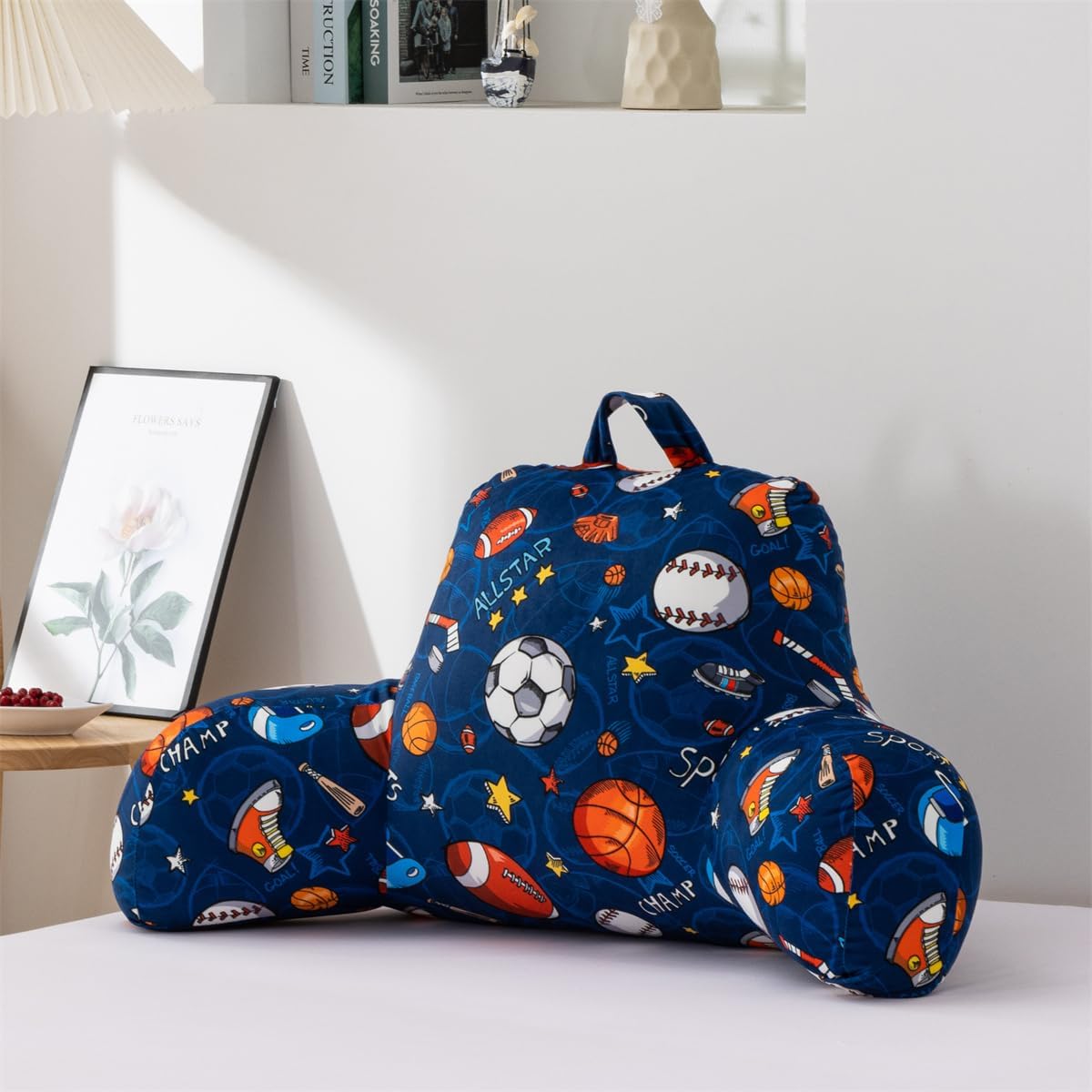 Ntbed Sport Ball Collection Printed Reading Pillow Bed Wedge Backrest with Arms, Couch TV Relax Bed Rest Pillow Back Support Cushion for Ki…