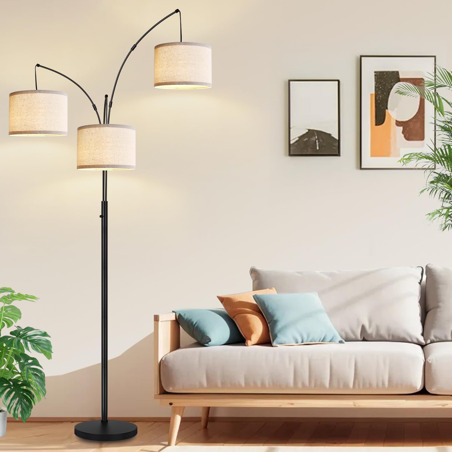 Dimmable Floor Lamp - 3 Lights Arc Floor Lamps for Living Room, 1000LM Modern Tall Standing Lamp with White Shades & Heavy Base, Mid…