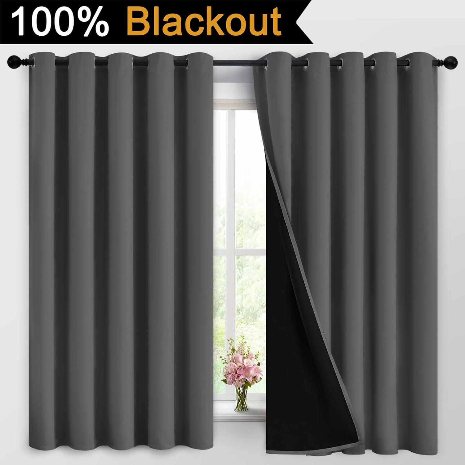 Yakamok Dark Grey Full Shade Curtain Panels, Heavy Duty Lined Curtains 63 Inches Long, Thermal Insulated Room Darkening Curtains with Black…