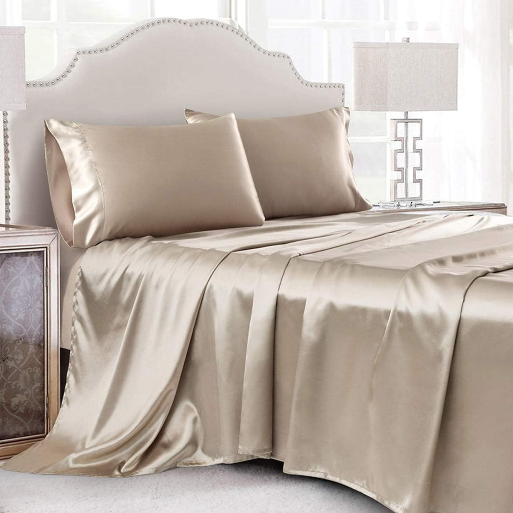 Cobedzy 4 Piece Luxury Queen Sheet Set, Taupe Satin Sheet Set, Soft Silky Bed Sheets Queen Set with 1 Deep Pocket Fitted Sheet 1 Flat Sheet…