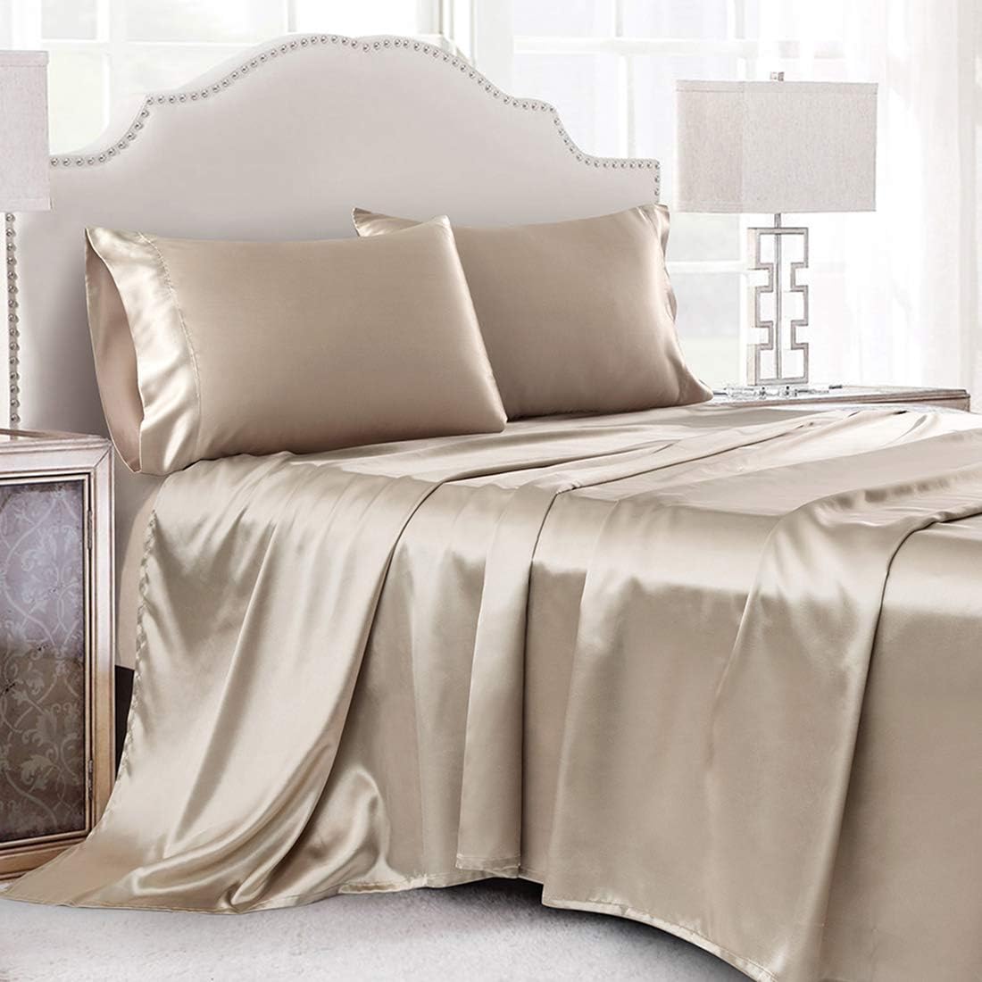 Cobedzy 4 Piece Luxury Queen Sheet Set, Taupe Satin Sheet Set, Soft Silky Bed Sheets Queen Set with 1 Deep Pocket Fitted Sheet 1 Flat Sheet…