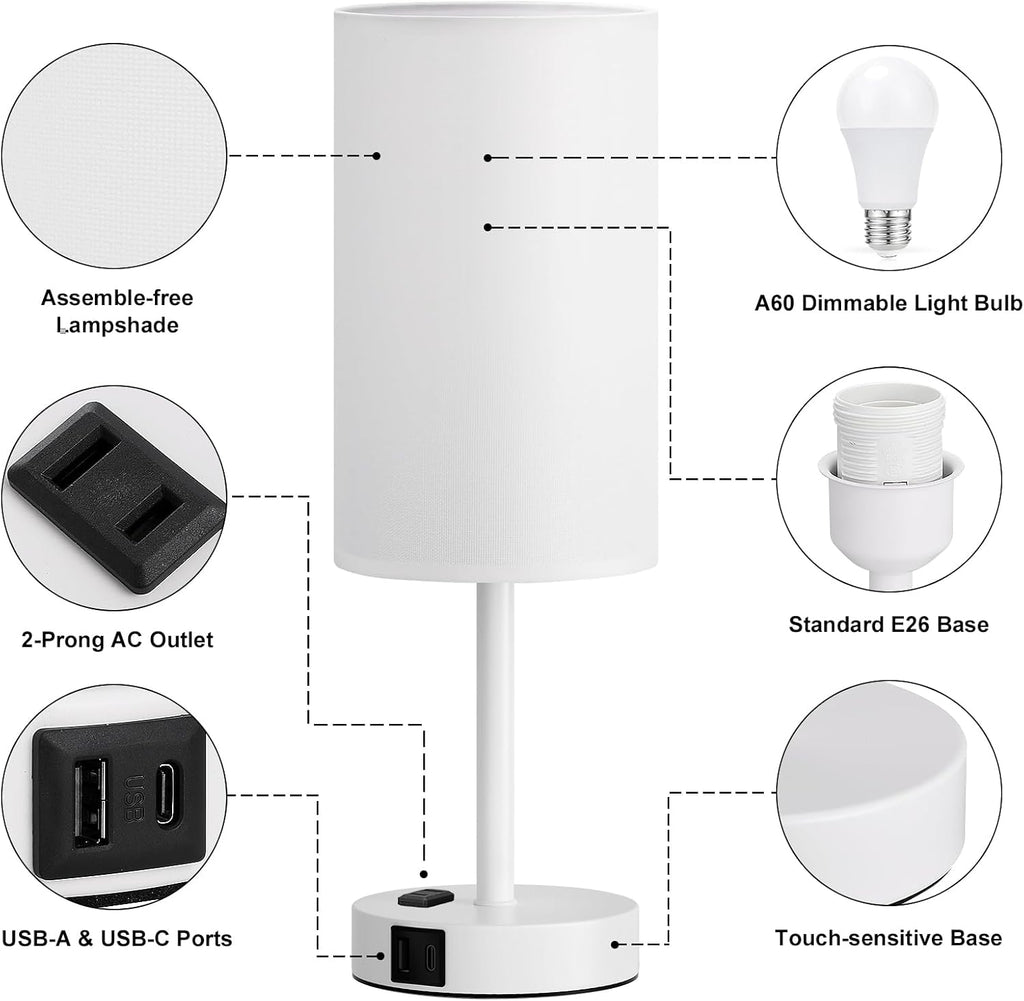 Fenmzee White Nightstand Bedroom Lamp - 3 Way Dimmable Bedside Lamp USB C A Charging Ports and AC Outlet, Small Table Lamp Linen…
