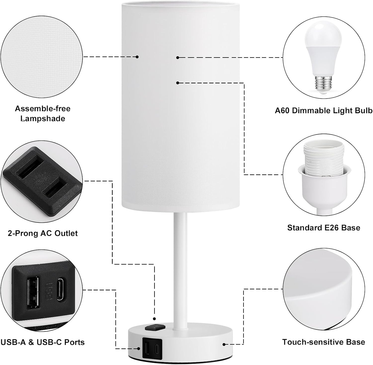 Fenmzee White Nightstand Bedroom Lamp - 3 Way Dimmable Bedside Lamp USB C A Charging Ports and AC Outlet, Small Table Lamp Linen…