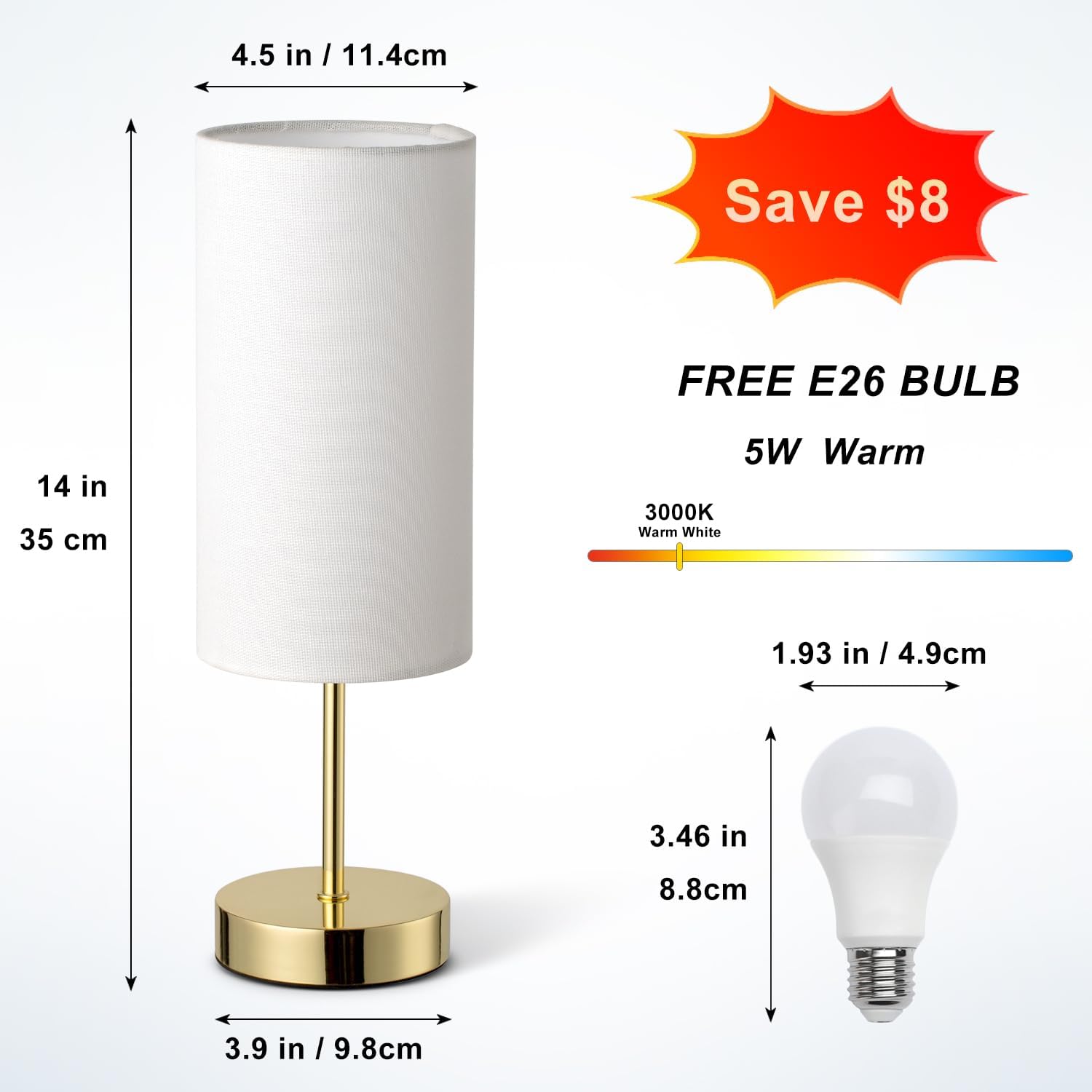Small Nightstand Table Lamp for Bedroom, Round White Fabric Shade and Gold Metal Base, Modern Minimalist Bedside Lamps for Dresser…