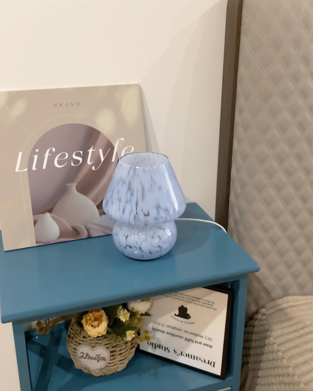 ONEWISH Mushroom Lamp Small Bedside Table Lamp-Nightstand Nightlight Dimmable Stepless, Translucent Glass Desk Lamp for Bedroom Dorm…